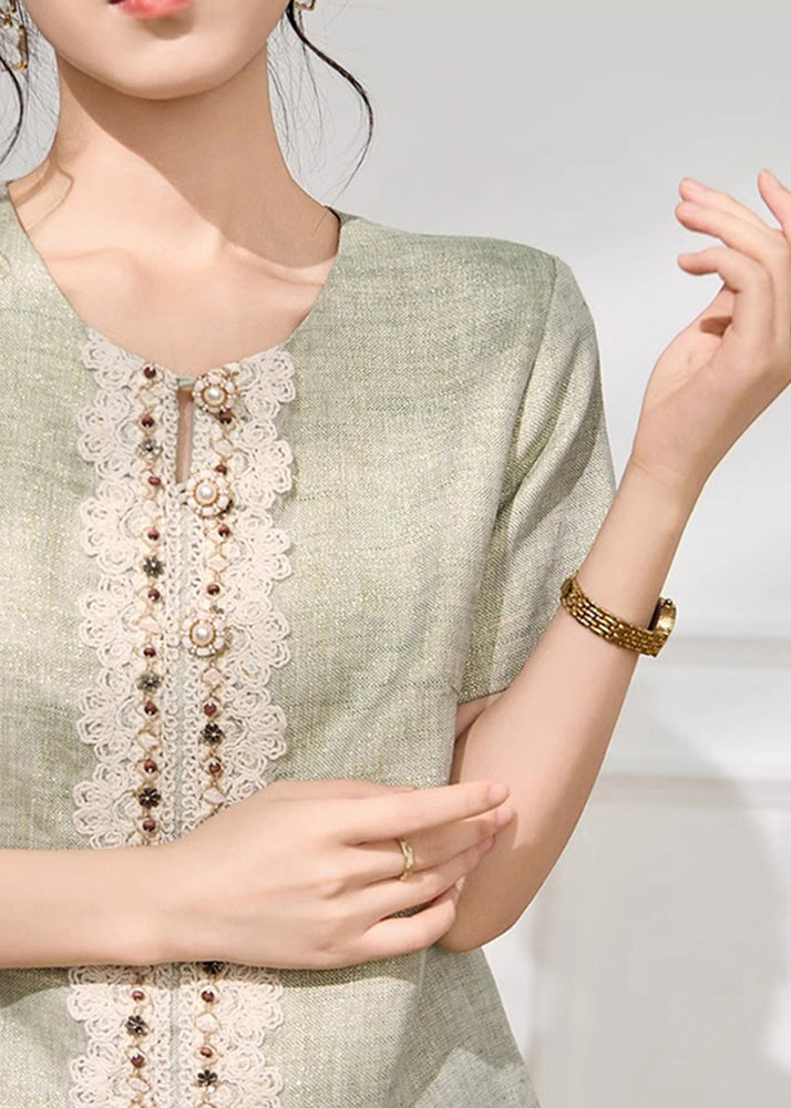 Style Green Lace Nail Bead Patchwork Mid Dresses Short Sleeve