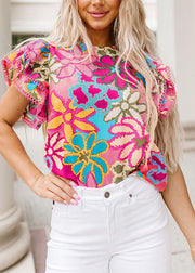 Style Green O-Neck Ruffled Print T Shirt Summer