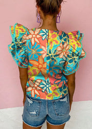 Style Green O-Neck Ruffled Print T Shirt Summer