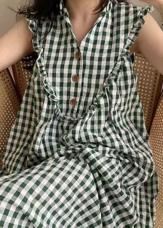 Style Green Plaid Ruffled Patchwork Cotton Dress Sleeveless