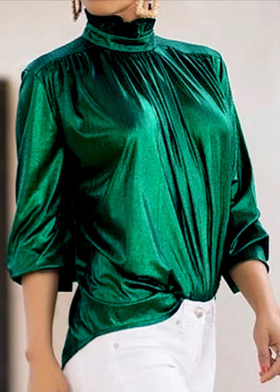 Style Green Turtleneck Patchwork Silk Velour Top Spring