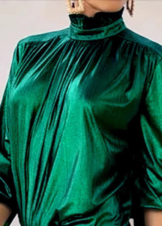 Style Green Turtleneck Patchwork Silk Velour Top Spring