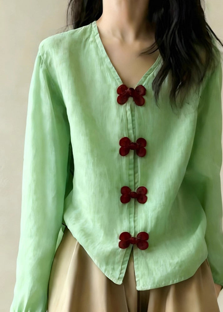 Style Green V Neck Bow Cotton Shirt Tops Spring
