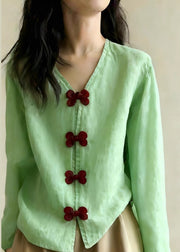 Style Green V Neck Bow Cotton Shirt Tops Spring