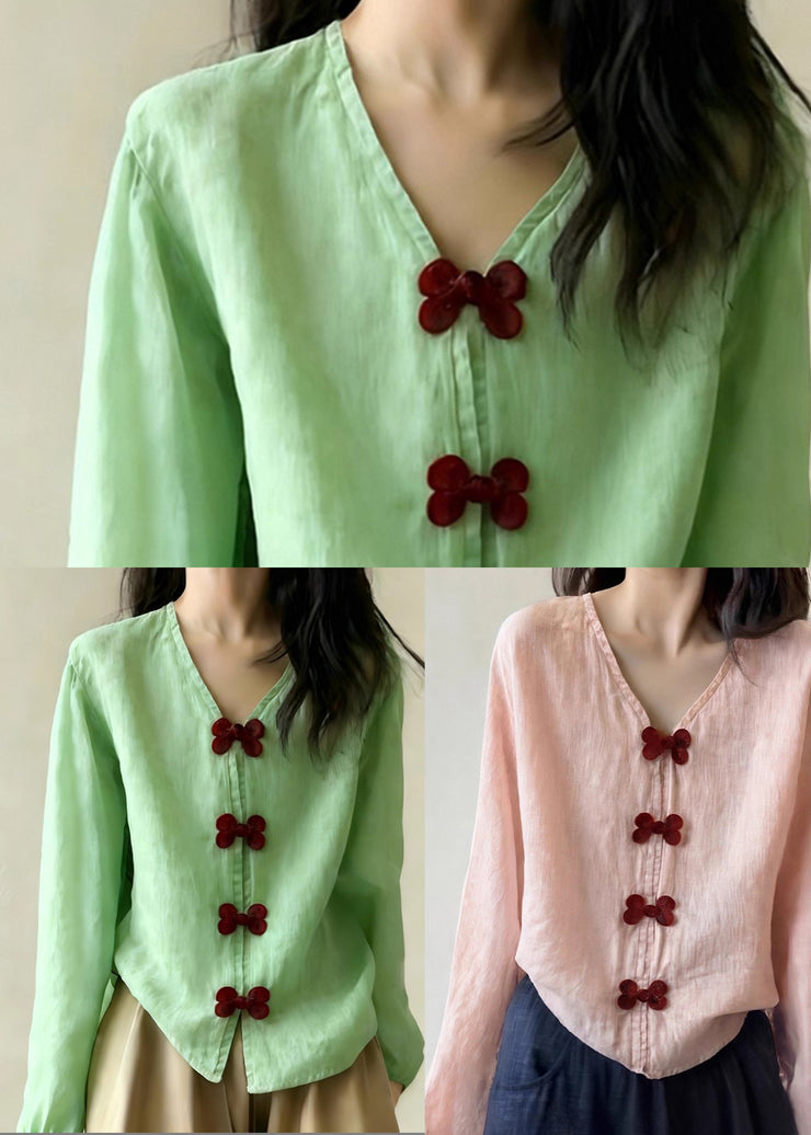 Style Green V Neck Bow Cotton Shirt Tops Spring