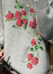 Style Grey O-Neck Embroidered Knit Sweaters Fall