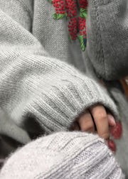 Style Grey O-Neck Embroidered Knit Sweaters Fall