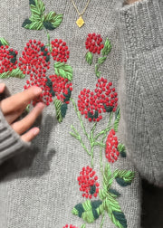 Style Grey O-Neck Embroidered Knit Sweaters Fall