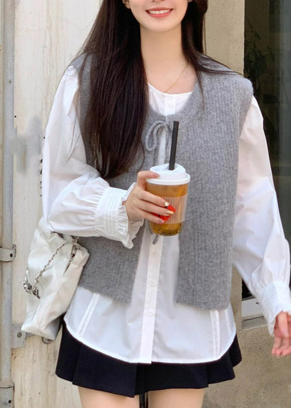 Style Grey O-Neck Tie Lace Cotton Knit Waistcoat Sleeveless