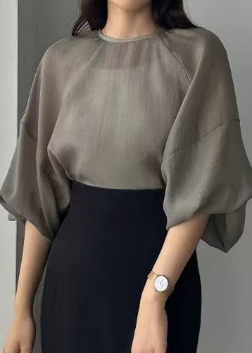 Style Grey Oversized Chiffon Sheer Tops Lantern Sleeve