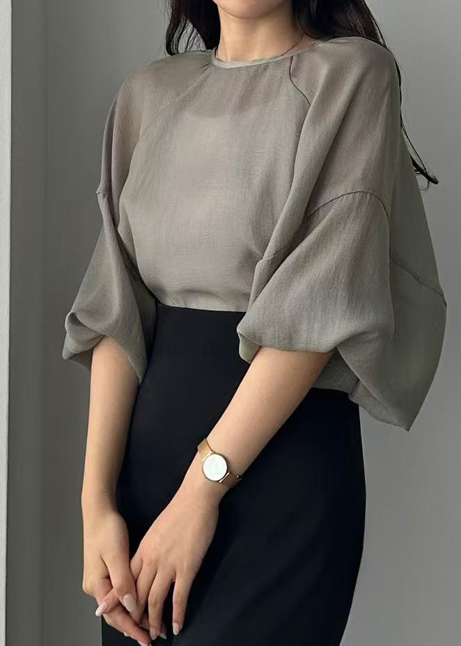 Style Grey Oversized Chiffon Sheer Tops Lantern Sleeve