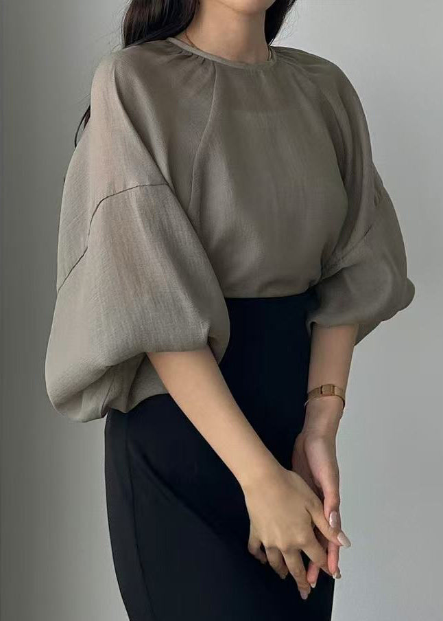 Style Grey Oversized Chiffon Sheer Tops Lantern Sleeve