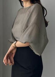 Style Grey Oversized Chiffon Sheer Tops Lantern Sleeve