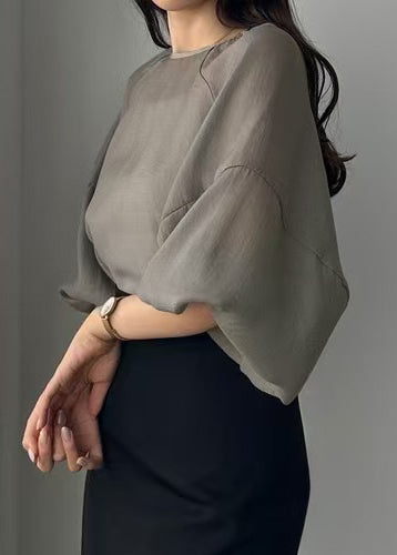 Style Grey Oversized Chiffon Sheer Tops Lantern Sleeve