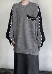 Style Grey Oversized Patchwork Knit Sweater Tops Winter