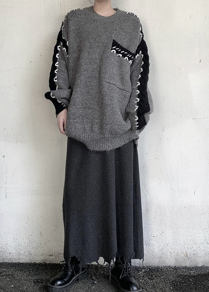 Style Grey Oversized Patchwork Knit Sweater Tops Winter