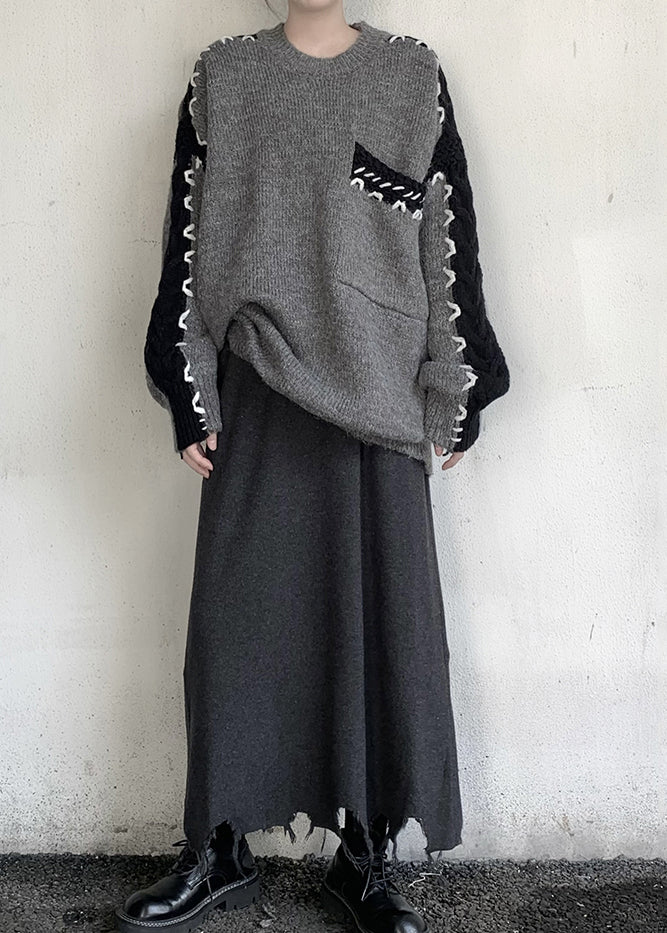 Style Grey Oversized Patchwork Knit Sweater Tops Winter