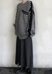 Style Grey Oversized Patchwork Knit Sweater Tops Winter