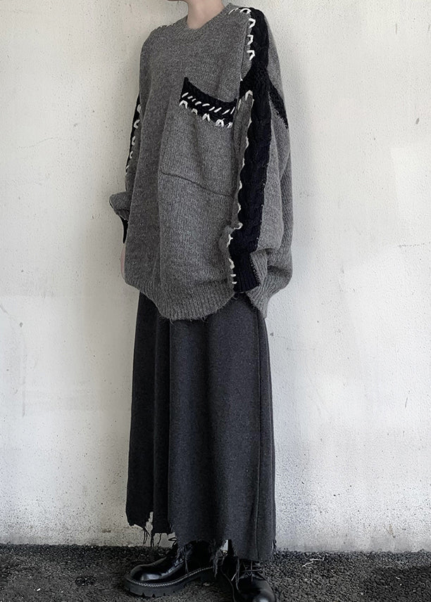 Style Grey Oversized Patchwork Knit Sweater Tops Winter