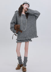 Style Grey Ruffled Oversized Knit Two Pieces Set Flower Decorated Winter