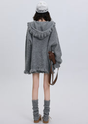 Style Grey Ruffled Oversized Knit Two Pieces Set Flower Decorated Winter