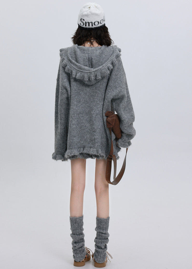 Style Grey Ruffled Oversized Knit Two Pieces Set Flower Decorated Winter