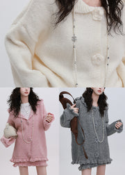 Style Grey Ruffled Oversized Knit Two Pieces Set Flower Decorated Winter