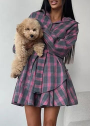 Style Grey Ruffled Plaid Cotton Two Pieces Set Summer