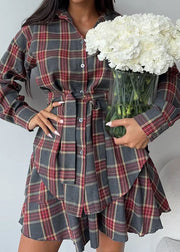 Style Grey Ruffled Plaid Cotton Two Pieces Set Summer