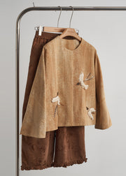 Style Khaki Embroidered Jacquard Silk Velvet Coat Outwear Fall