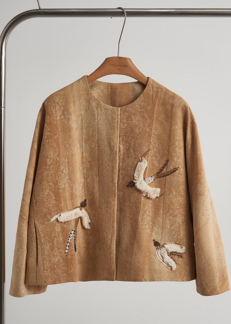 Style Khaki Embroidered Jacquard Silk Velvet Coat Outwear Fall