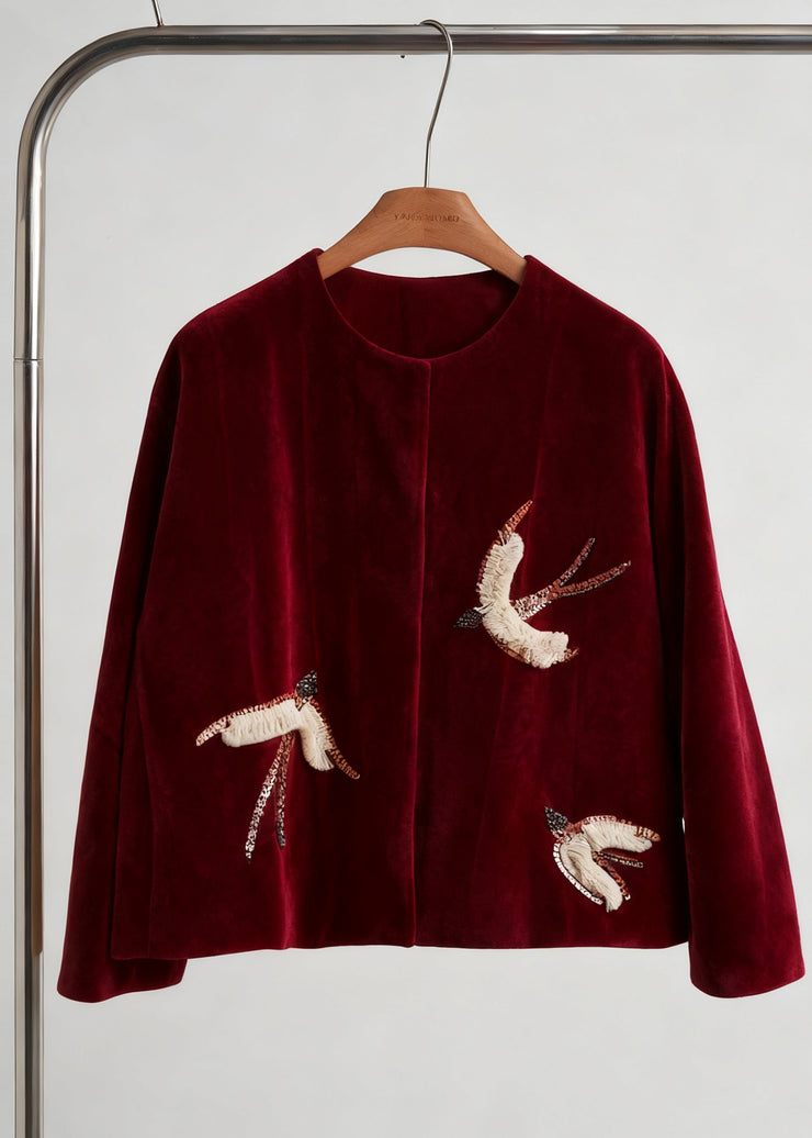 Style Khaki Embroidered Jacquard Silk Velvet Coat Outwear Fall