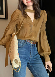 Style Khaki Neck Patchwork Wrinkled Silk Shirt Lantern Sleeve