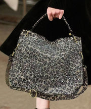 Style Leopard Print Rhinestone Large Capacity Faux Leather Tote Handbag
