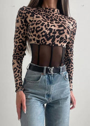Style Leopard Turtleneck Tulle Patchwork Bodysuit