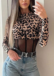 Style Leopard Turtleneck Tulle Patchwork Bodysuit