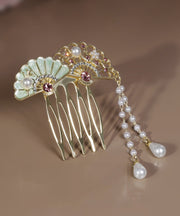 Style Light Green Alloy Zircon Pearl Hollow Out Fan-Shaped Tassel Hairpin