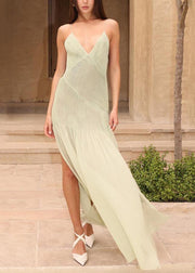 Style Light Green V Neck Wrinkled Spaghetti Strap Dress Summer
