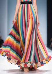 Style Multicolour Striped Flower Decorated Chiffon Maxi Dresses Summer