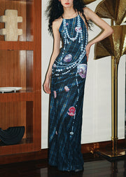 Style Navy Backless Print Silk Spaghetti Strap Dress Summer