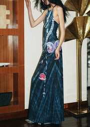 Style Navy Backless Print Silk Spaghetti Strap Dress Summer