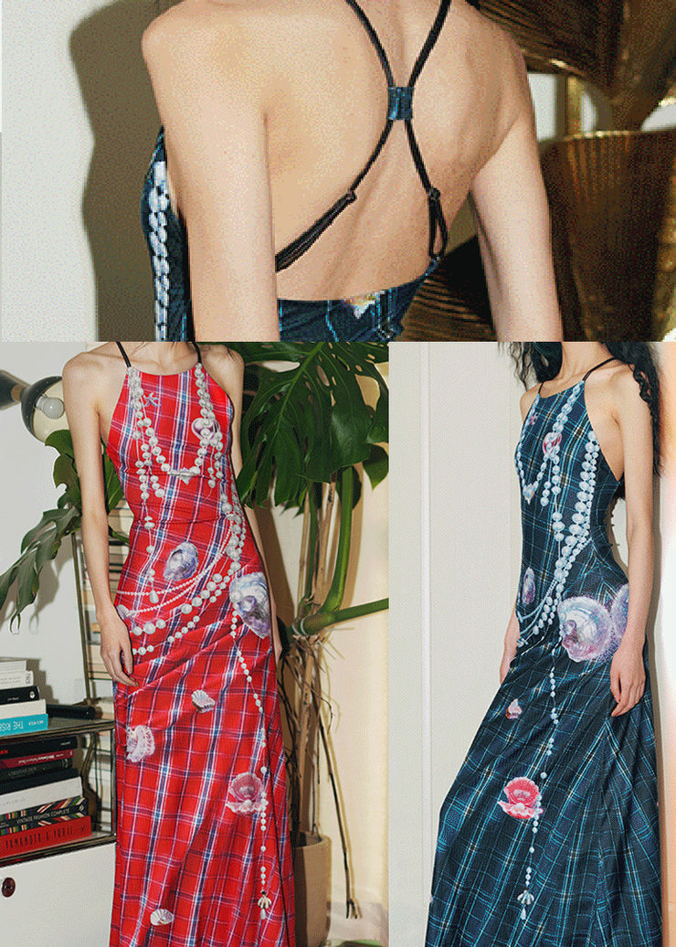 Style Navy Backless Print Silk Spaghetti Strap Dress Summer