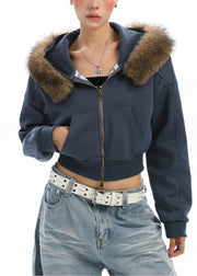 Style Navy Patchwork Faux Fur Hooded Short Coats Winter