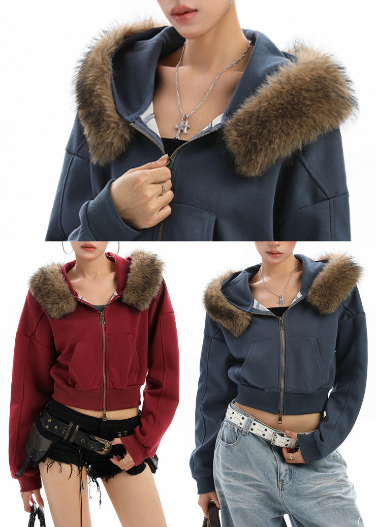 Style Navy Patchwork Faux Fur Hooded Short Coats Winter