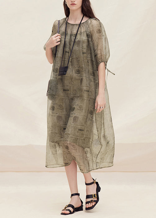 Style O Neck Print Lace Up Plus Size Silk Dress Summer