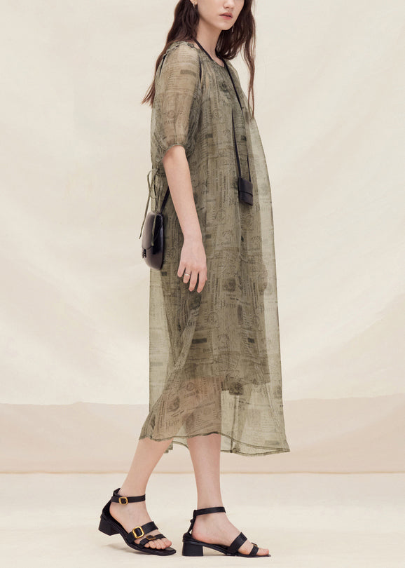 Style O Neck Print Lace Up Plus Size Silk Dress Summer