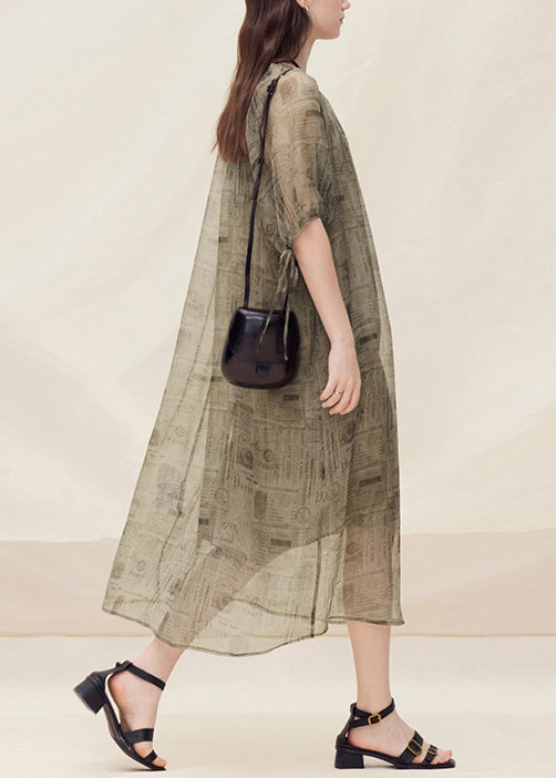 Style O Neck Print Lace Up Plus Size Silk Dress Summer