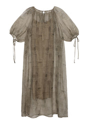 Style O Neck Print Lace Up Plus Size Silk Dress Summer