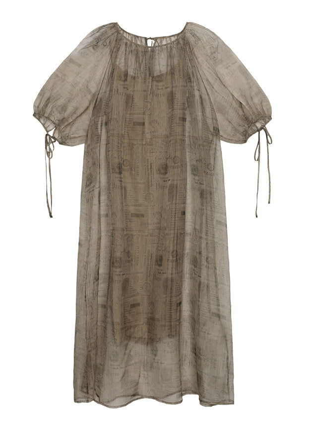 Style O Neck Print Lace Up Plus Size Silk Dress Summer