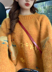 Style Orange O Neck Character Knit Sweater Tops Fall